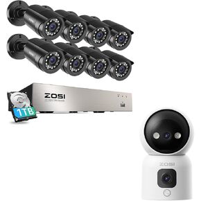 ZOSI 3K Lite 8CH Security Camera System Outdoor with 1TB Hard Drive,AI Human/Vehicle Detection,8pcs 1080P Weatherproof CCTV Cameras,8CH 5MP Lite Video DVR Recorder&2K Dual-Lens IndoorCamera C528D