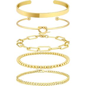 Bracelets Stack for Women 14K Gold Plated Bangle Cuff Bracelet for Women Trendy Gold Chain Bracelet Set