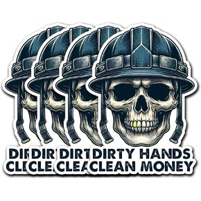 Pack 4PCS Dirty Hands Make Clean Money Sticker Funny Skull Blue Collar Waterproof Vinyl Decals Decor Water Bottle Phone Hard Hat Car Bumper Window Gifts for Welder Mechanic Lineman Men