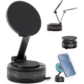 Vacuum Magnetic Phone Holder - Adjustable 360° Rotatable Suction Cup Cell Phone Mount, Foldable Portable Double-Sided Magnetic Car Smartphone Stand for Gyms Mirrors Glass Screen Travel (Black)