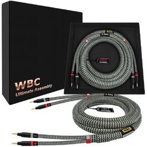 WORLDS BEST CABLES 8 Foot Ultimate - 9 AWG - Ultra-Pure OFC - Premium Audiophile HiFi Speaker Cable Pair with Eminence Gold Banana Plugs & StlGrn Tweed Jacket