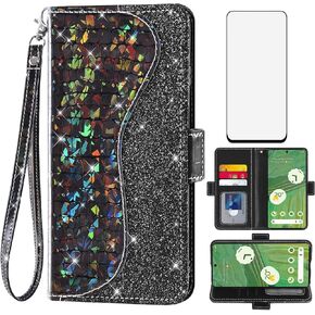 Asuwish Phone Case for Google Pixel 7 Pro 5G Wallet Cover with Screen Protector and Wrist Strap Flip Credit Card Holder Bling Glitter Stand Cell Pixel7Pro Pixel7 XL Seven 7Pro 6.7 Women Girls Black