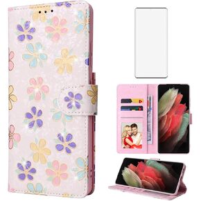 Asuwish Phone Case for Samsung Galaxy S21 Ultra 5G Wallet Mobile Cell Flip Cover with Tempered Glass Screen Protector Flower Card Holder Slot Stand S21ultra 21S S 21 21ultra G5 Women Men Dried Flower