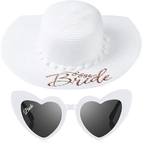 Neer 2 Pcs Bride Wedding Gifts Heart Sunglasses Sun Hat Set Bachelorette Gifts for Bridal Shower Party Decoration Favors(White)
