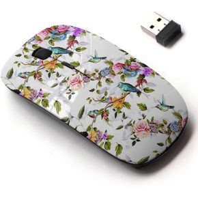 2.4G Wireless Mouse with Cute Pattern Design for All Laptops and Desktops with Nano Receiver - Humming Bird Roses Peony Leaves