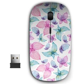 2.4G Ergonomic Portable USB Wireless Mouse for PC, Laptop, Computer, Notebook with Nano Receiver (Watercolor Pink Blue Butterflies)