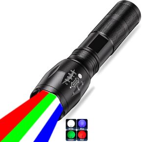 Powerful Red Flashlight Rechargeable, LED Green Light Flashlight, Blue Light Flashlight, 4 Modes, Multi-Color 4 Color in 1 LED White Red Blue and Green Lights Flash Light, Zoomable Torch
