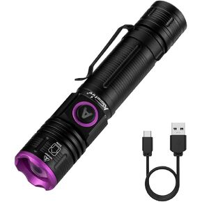 ALONEFIRE SV85 395nm UV Flashlight Zoom 5W Portable Black Light USB C Rechargeable Money Detector for Pet Urine Detector, Scorpion, Resin Curing, Bed Bug, Fishing, Minerals with Rechargeable Battery