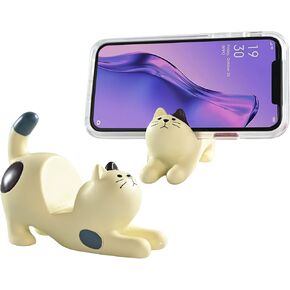 Home-X Cat Phone Stand, Cute Desktop Smartphone Holder, Vertical or Horizontal, Universal Cell-Phone Stand, Cream with Spots