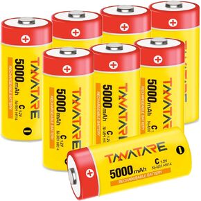 8 Pack 1.2V Rechargeable C Cell NiMH Batteries, 5000mAh High Capacity, Long Lasting Power for Household Devices