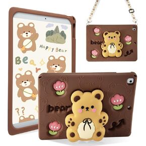 Case for iPad 9th/8th/7th Gen 10.2 Inch Kids Silicone Case, Boy Girl Cute Case Kawaii 3D Cartoon Bear Stand/Shoulder Strap, Tablet Cover for iPad Case 10.2" Brown