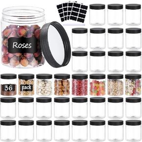 OUSHINAN Plastic Jars with Screw On Lids, Pen and Labels Refillable Empty Round Slime Cosmetics Containers for Storing Dry Food, Makeup, Slime, Honey Jam, Cream, Butter, Lotion… (48PCS 8OZ Black)