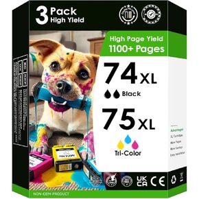 Ink Cartridges HP 74/75XL. Works with HP Deskjet D4260 D4360, Officejet J6480 J5780 Photosmart C4280 C5280 C4480 Printers. 3 Pack (2xBlack, Tri-Color)