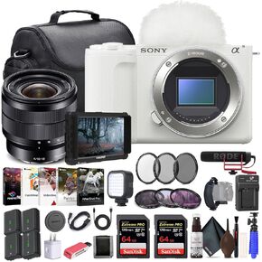 Sony Alpha ZV-E10 II Mirrorless Camera (Body Only, White) (ZVE10M2KW), Sony E 10-18mm Lens, 4K Monitor, Pro Mic, 2 x 64GB Memory Card, Filter Kit, Photo Software, Bag, More