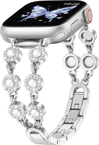 KOREDA Slim Pearl Band Compatible with Apple Watch 38mm 40mm 41mm 42mm 44mm 45mm 46mm Women, Fashion Thin Metal Dressy Jewelry Bracelet with Bling Diamond for iWatch Bands Series 10 9 8 7 6 5 4 3 2 1 SE in Kuwait
