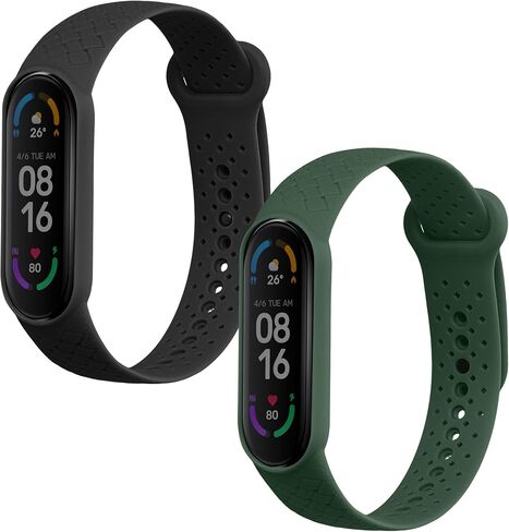 kwmobile Straps Compatible with Xiaomi Mi Band 6 / Mi Band 5 Straps - 2x Replacement Silicone Watch Bands - Black/Dark Green in Saudi Arabia