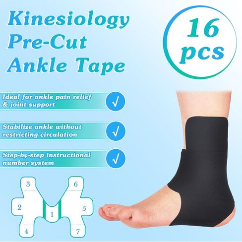 16 Pcs Kinesiology Tape for Ankle Tape Precut, Athletic Original Cotton Waterproof Breathable, Provides Support and Stability to The Target Area for Ligament and Muscle in Kuwait