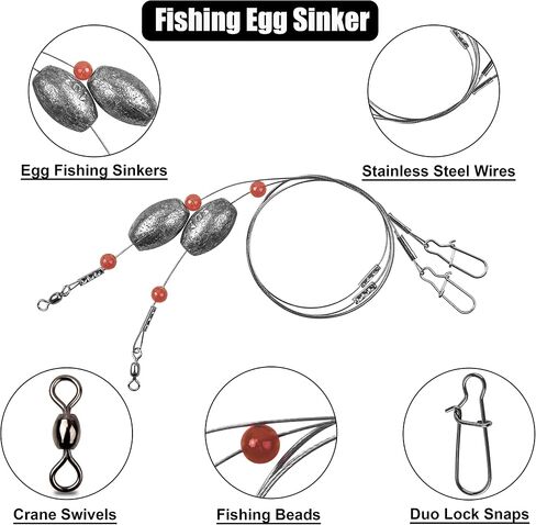 FUSIGO Egg Fishing Sinker Weight Rigs, 6pcs Flounder Rig Saltwater Bottom Rigs Stainless Steel Wire Leader with Egg Sinker Catfish Carolina Rigs Fishing Ready Rigs for Trout Drum Redfish Fishing in Saudi Arabia