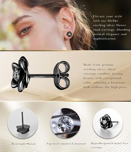 Gold Plated Sterling Silver Rose Flower Earring Studs, Hypoallergenic & Nickel Free Earrings for Women in Kuwait