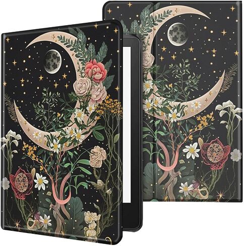 Case for All-New Kindle Paperwhite 12th Generation 7 inch 2024 & Kindle Colorsoft Signature Edition 2024 Lightweight Protective PU Leather Smart Stand Cover with Auto Wake Sleep - Moon Floral Flower in Kuwait