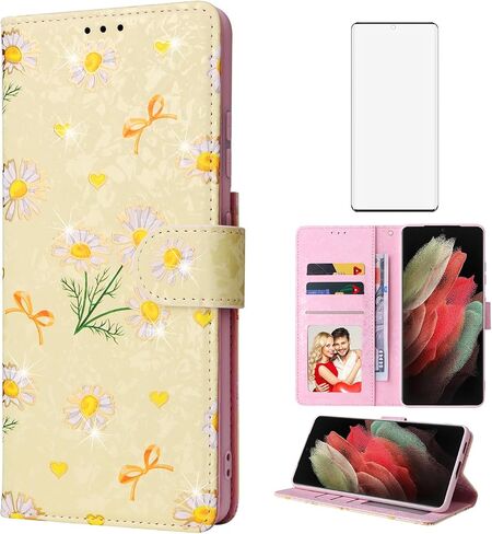 Asuwish Phone Case for Samsung Galaxy S21 Ultra 5G Wallet Mobile Cell Flip Cover with Tempered Glass Screen Protector Flower Card Holder Slot Stand S21ultra 21S S 21 21ultra G5 Women Men Dried Flower in Saudi Arabia