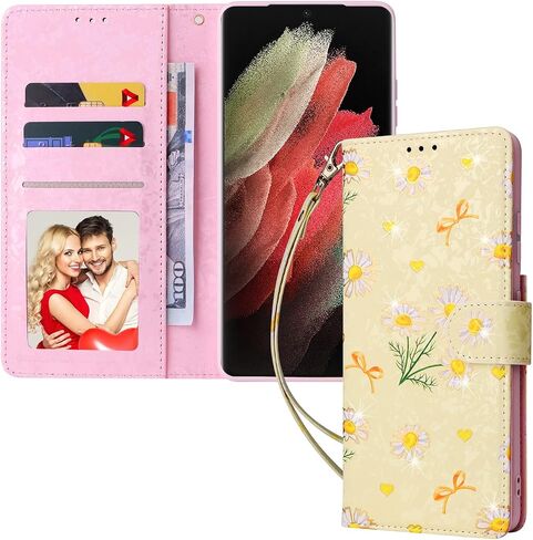 Asuwish Phone Case for Samsung Galaxy S21 Ultra 5G Wallet Mobile Cell Flip Cover with Tempered Glass Screen Protector Flower Card Holder Slot Stand S21ultra 21S S 21 21ultra G5 Women Men Dried Flower in Saudi Arabia