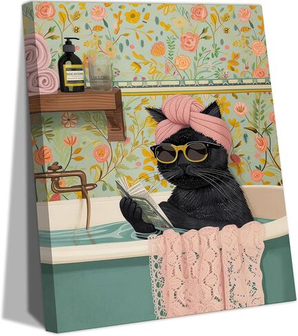 Grengel Funny Black Cat Bathroom Canvas Wall Art Cute cat Bathroom Paintings Pictures Wall Decor Eclectic Aesthetic Poster Printings for Bathroom Toilet Home Decoration Unframed in Saudi Arabia