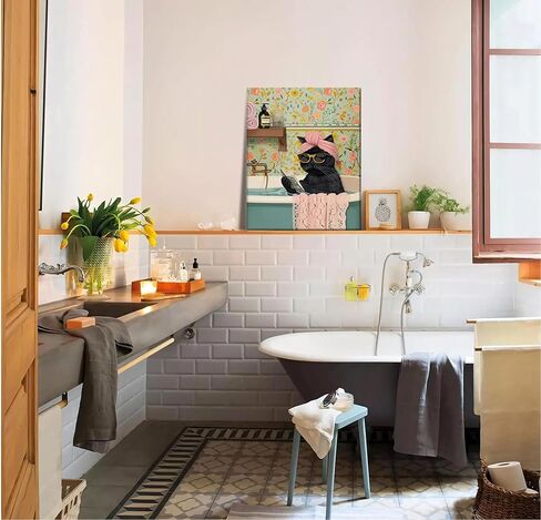 Grengel Funny Black Cat Bathroom Canvas Wall Art Cute cat Bathroom Paintings Pictures Wall Decor Eclectic Aesthetic Poster Printings for Bathroom Toilet Home Decoration Unframed in Saudi Arabia
