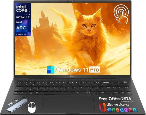 LG Gram 16 Ultra-Portable Laptop, 16" WQXGA Touchscreen Business Laptop, Intel Evo Edition Ultra 7-155H, Intel ARC Graphics, 32 GB RAM, 2 TB SSD, Office Pro 2024 Lifetime License & Win11 Pro, Mouse in Kuwait