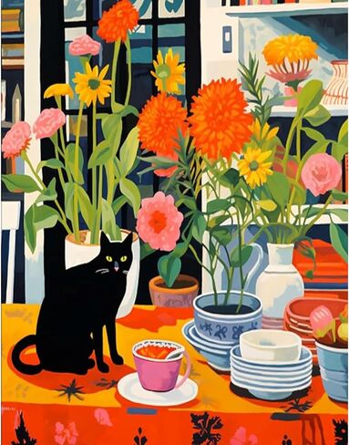 NEWENMO Diamonds Painting Kits for Adults Beginner DIY 5D Cute Cat Diamond Art Paint with Round Diamonds, Full Drill Gem Art Red Flowers Diamonds Art Painting for Home Wall Decor 12x16 Inch in Saudi Arabia