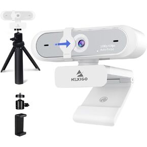 NexiGo 1080P Webcam Kits, N660P (Gen 2) 1080P 60FPS Webcam with Software Control, Dual Microphone & Cover, Autofocus, Lightweight Mini Tripod, for OBS/Zoom/Skype/FaceTime/Teams/Twitch