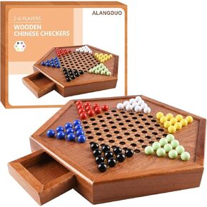 12.7 Inches Wooden Chinese Checkers with Drawers 12 Bonus Spare Marbles| Natural Wooden Board Game| includes 60 Colorful Glass Marbles | Family Board Game for Kids and Adults