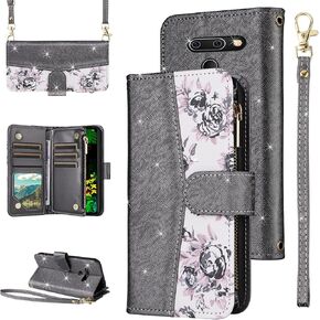 for LG G8 ThinQ Floral Wallet Case Flip Zipper Purse Wrist Strap Shoulder Strap, Luxury Glitter PU Leather Card Holder Stand Phone Cover for LGG8 Thin Q G 8 LG8 G8thinq LGG8thinq 8G Purple