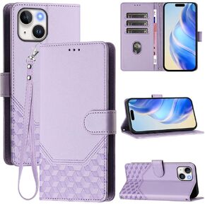 for iPhone 13 Wallet Case/iPhone 14 Wallet Case for Women, RFID Blocking Card Holder Slots, Wrist Strap, Shockproof TPU Inner, Stand PU Leather Protective Flip Cover -Purple