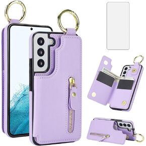 Asuwish Phone Case for Samsung Galaxy S22 Plus 5G Wallet with Tempered Glass Screen Protector Cover and Cell Stand Zipper Cash Card Holder Slot Ring S22+5G S22plus 22S + S 22 22+ Women Men Black