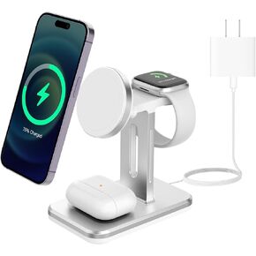 15W 3 in 1 Charging Station for Apple MagSafe Charger Stand -Wireless Charger for iPhone 16 15 14 13 pro max Plus for Apple Watch Charger 9 8 7 6 5 for AirPods Pro 3 2-Multiple Devices
