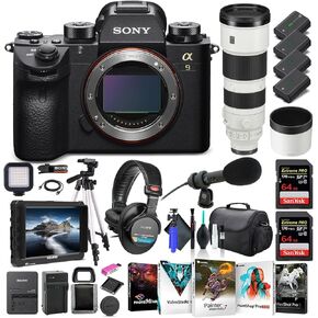 Sony Alpha a9 II Mirrorless Digital Camera Body Only ILCE9M2/B, Sony FE 200-600mm Lens, 4K Monitor, Pro Headphones, Pro Mic, 2 x 64GB Memory Card, 3 x NP-FZ-100 Battery, and More