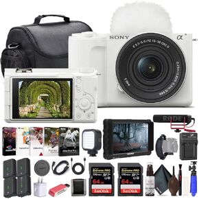 Sony Alpha ZV-E10 II Mirrorless Camera with 16-50mm Lens (White) (ZVE10M2KW) - 4K Monitor, Pro Mic, 2 x 64GB Memory Card, Filter Kit, Photo Software, Bag, 3 x NP-FZ100 Battery, More