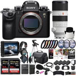 Sony Alpha a9 II Mirrorless Digital Camera Body Only ILCE9M2/B, Sony FE 70-200mm Lens, 4K Monitor, Pro Headphones, Pro Mic, 2 x 64GB Memory Card, 3 x NP-FZ-100 Battery, and More