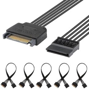 J&D 15 Pin SATA Power Extension Cable Bundle (5 Pack), Male to Female Cable, 10 inch, Black