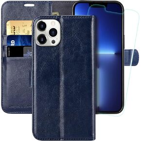 MONASAY Wallet Case Compatible for iPhone 13 Pro 5G, 6.1-inch[Glass Screen Protector Included][RFID Blocking] Flip Folio Leather Cell Phone Cover with Credit Card Holder, Light Blue