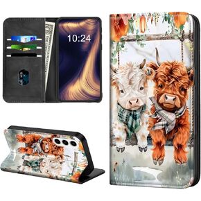 for Samsung Galaxy S23 FE Phone Case, Flip PU Leather Kickstand Shockproof Phone Cover for Samsung Galaxy S23 FE, Phone Wallet with Card Holder Slot and Magnetic Closure, Cute Highland Cows