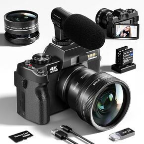 4K Digital Camera for Photography 48MP/60FPS Video Vlogging Camera for YouTube with 3" 180° Flip Screen WiFi, 16X Digital Zoom Cameras with 32GB Micro Card Wide-Angle & Macro Lens