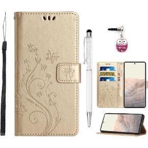 Designed for Google Pixel 6A Wallet Case Painted Butterfly Flower Women Flip Case PU Leather Kickstand Credit Card Holder Slots Folio Cover with Stylus Pen and Dust Plug - Blue