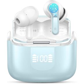 Wireless Earbud Bluetooth 5.4 Headphones, Hi-Fi Stereo Ear Buds with 4 ENC Cancelling Mics, 40H in-Ear Earphones IP7 Waterproof Sports, LED Display, Mini Headset for Laptop Pad TV Phones, Light Cyan
