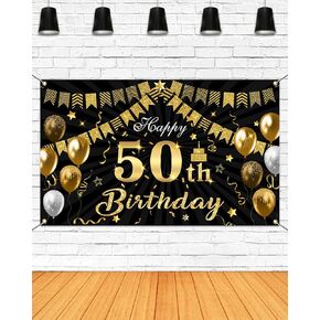 Mocsicka 50th Birthday Banner Backdrop Black and Gold Happy Birthday Decorations Banner for Men Women Fifty Years Old Party Supplies Photo Booth Props (Gold and Black, 70.8x43.3 inch)