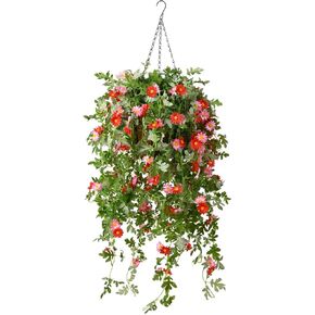INQCMY Artificial Hanging Flowers with Basket,Silk Flower Arrangements,4 Pack Chrysanthemum Flowers with 12 inch Coconut Lining Basket for Patio Garden Porch Deck Decoration(Red Pink)