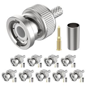 50 Ohm BNC Male Crimp Connector, 10 Pcs BNC Male Plug Crimp Connector, BNC Male Coax Connectors for RG58 RG142 LMR195 Cable