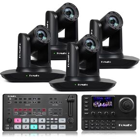 FoMaKo AI Auto Tracking HDMI PTZ Camera, 20x Optical Zoom(4pcs), KC606 PTZ Controller, M1 Video Mixer Switcher, for Church Services Worship Education,PTZ Bundle(FMK12UH Pro(20x)-B x4+M1+KC606)