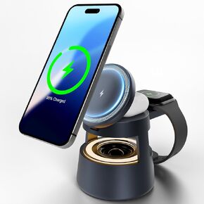 Wireless Charging Station Mag-Safe Charger: 5 in1 Travel Stand with Bluetooth Speaker Nightlight, for iPhone 16e 16 15 14 13 12 Pro Max, for Apple Watch Charger Ultra 10 9 8 7 6, for AirPods 4 3 Pro 2